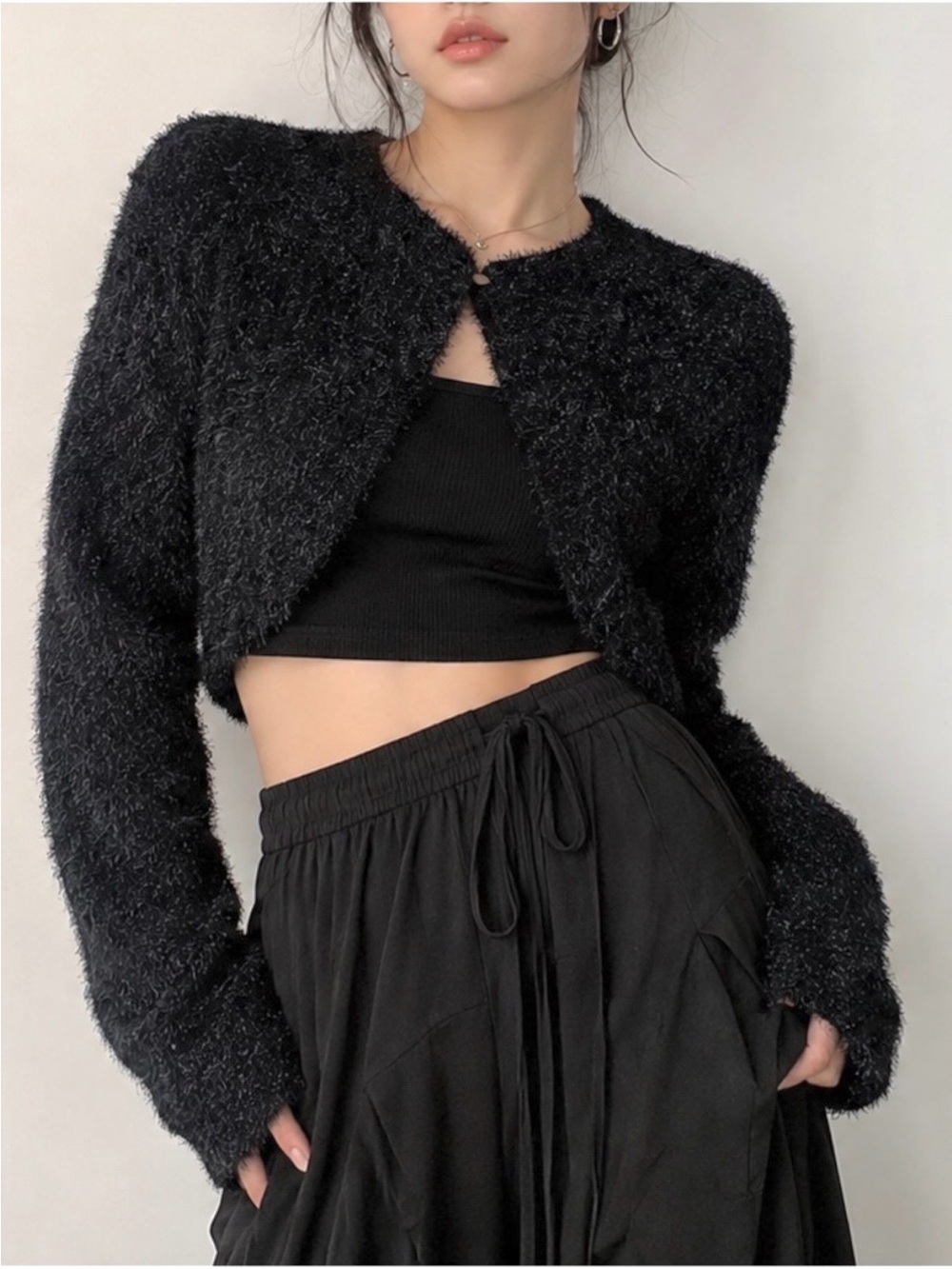 Vivid of Seoul Black Fuzzy Cropped Bolero Shrug Y2K Coquette One Size